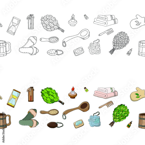 Seamless vector border of hand-drawn bath items. The traditions of healing Finland, Russia, Turkey. Brooms for hot steam, washcloth, mitten, stone for massage.