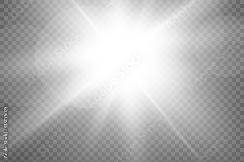 Vector transparent sunlight special lens flash light effect.front sun lens flash. Vector blur in the light of radiance. Element of decor. Horizontal stellar rays and searchlight.