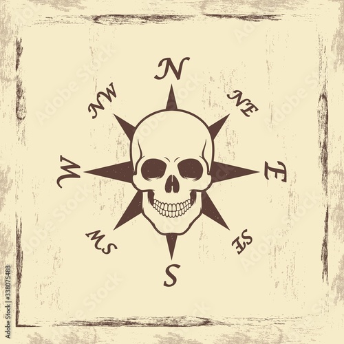 Color illustration of a skull with a compass on a background with a grunge texture. Vector illustration on a pirate theme in vintage style. Illustration for stickers and tattoos.