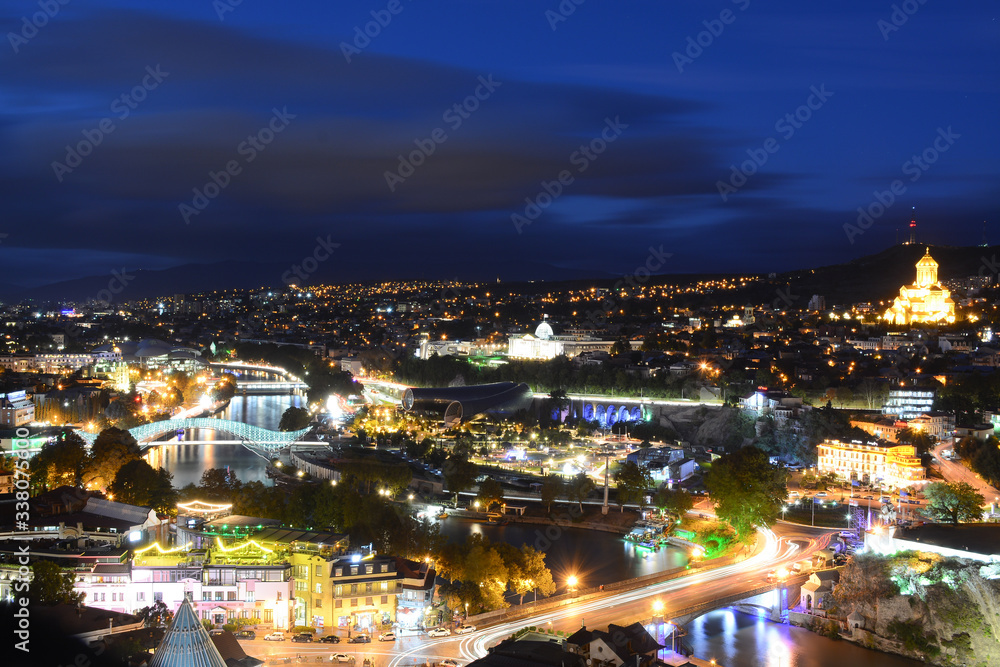 Tbilisi, Georgia - October 4, 2018: Night city view from Narikala Fortress