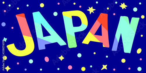 Japan - multicolored funny inscription on blue background with stars like space. Kids cartoon style. Japan for posters, banners, flyers, cards and prints on clothing. Japan is country in East Asia.