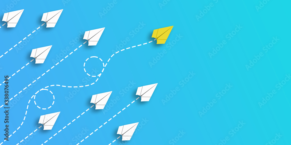 Paper plane that makes a difference by moving in a different direction from the others. different thinking concept. 3d illustration, 3d render. Paper plane that makes a difference by moving in a different direction from the others. different thinking concept. 3d illustration, 3d render.