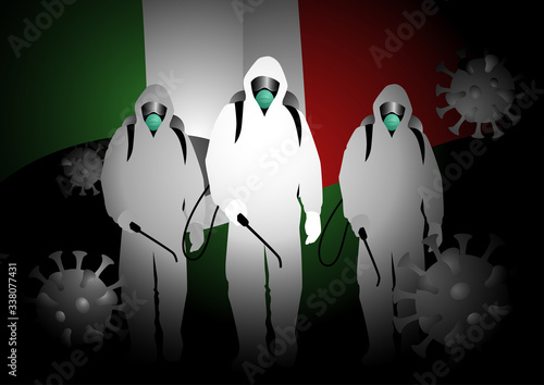 Men in hazmat suits carrying disinfectant sprays with Italy flag as the background