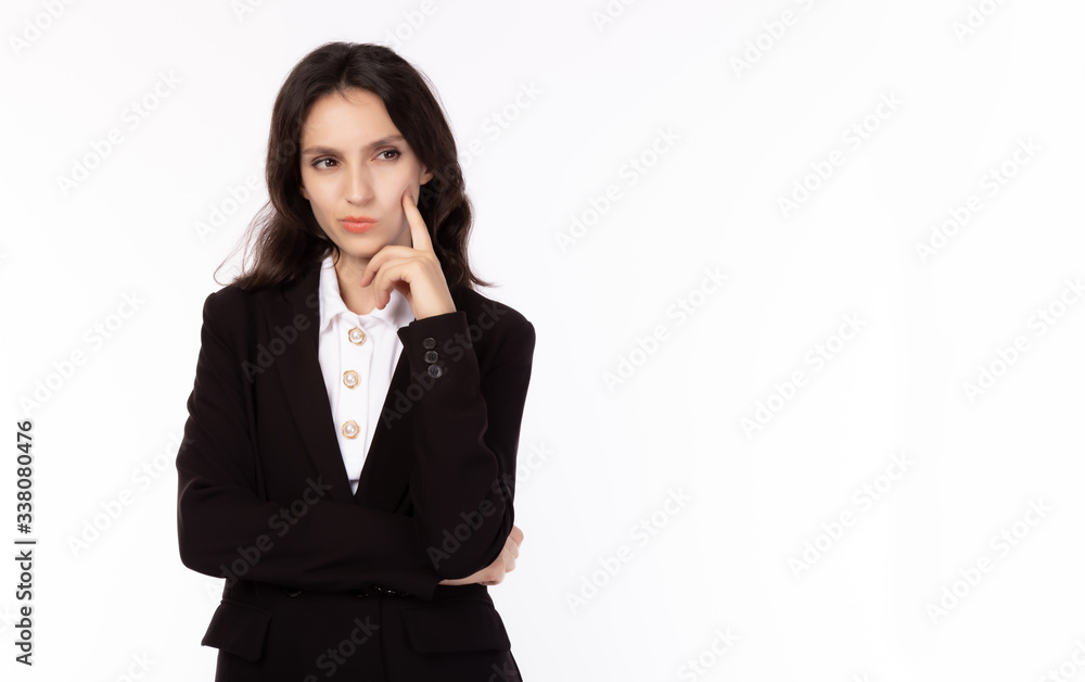 Businesswoman thinking some plan of business and look at copy space. isolated on white background. European business female portrait. Manager women is professional of financial and marketing Businesswoman thinking some plan of business and look at copy space. isolated on white background. European business female portrait. Manager women is professional of financial and marketing