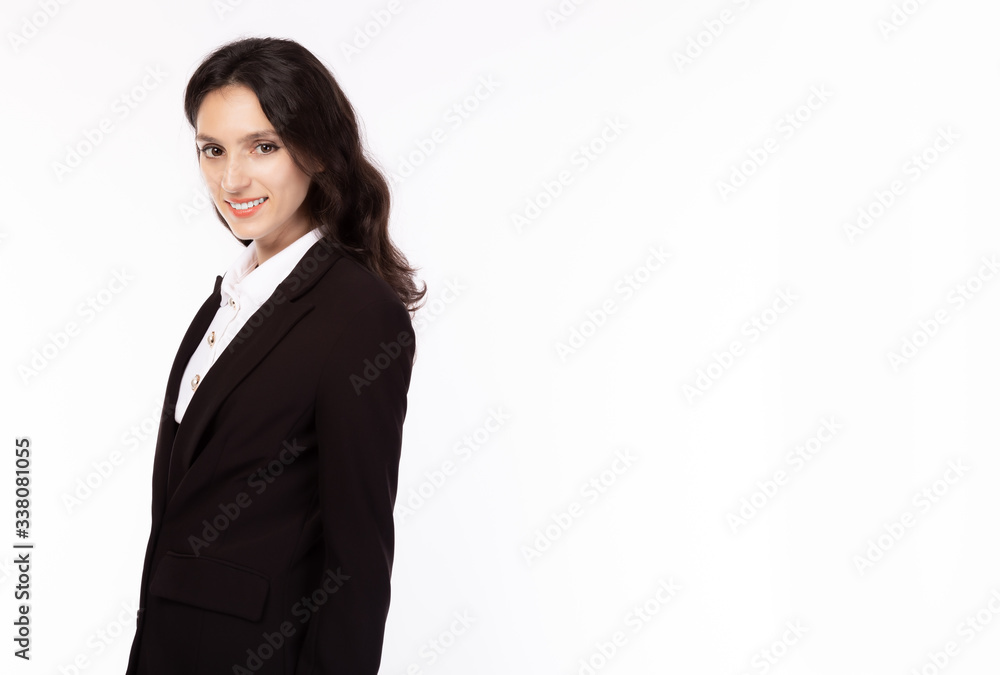 Portrait successful middle aged businesswoman. Confident business expert female smiling in smart suit. Business women is owner or boss and get success of business. isolated on white, copy space Portrait successful middle aged businesswoman. Confident business expert female smiling in smart suit. Business women is owner or boss and get success of business. isolated on white, copy space