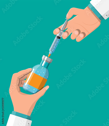 Ampoule and syringe with medicament in hand. Vaccination concept. Injection syringe needles. Medical equipment. Healthcare, hospital and medical diagnostics. Vector illustration in flat style
