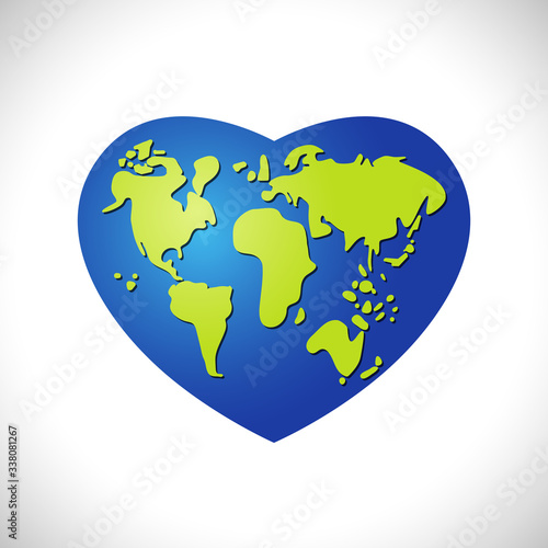 Earth planet in heart frame  logotype concept. Creative icon. World map in 3D style heart shape. Isolated abstract graphic design template. Blue globe  green isles and mainlands. Happy Earth Day sign.