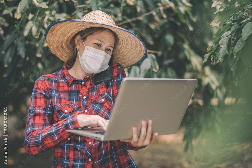 Asian woman farmers wear masks to protect against corona virus (COVID-19) and air pollution Pm2.5. And work through mobile phones and laptops in the farm.
