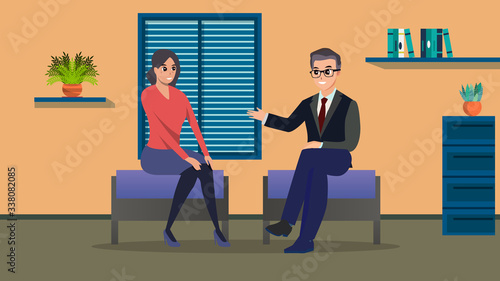 Professional psychotherapist and woman patient. Psychotherapy counseling concept. Consultation of psychology cabinet with sofa flat cartoon Illustration.