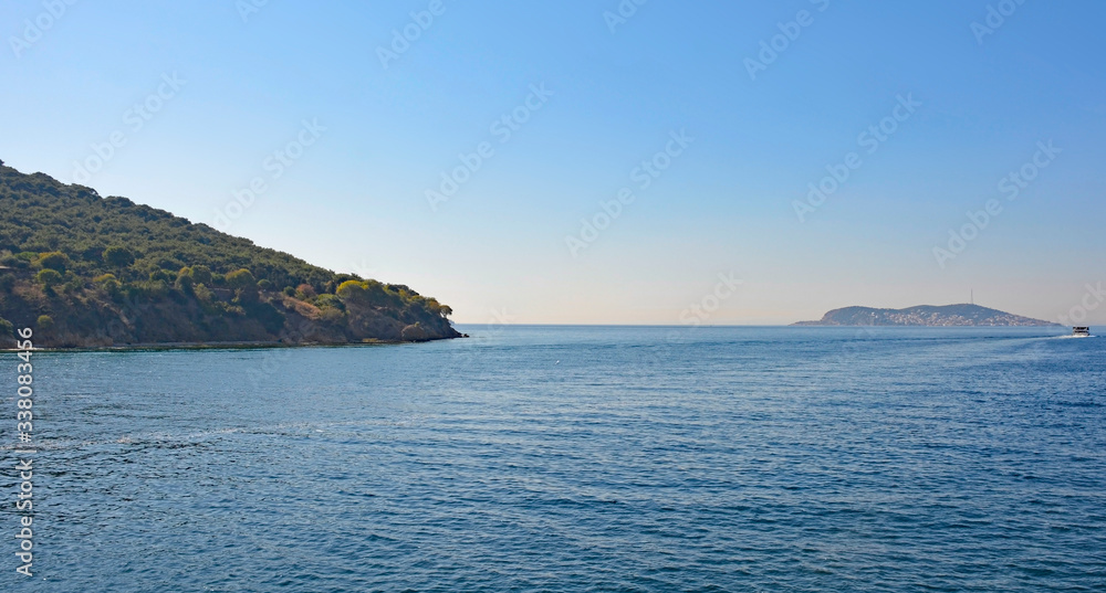 Heybeliada, one of the Princes' Islands, also called Adalar, in the Sea of Marmara off the coast of Istanbul. Burgazada can be seen in the background
