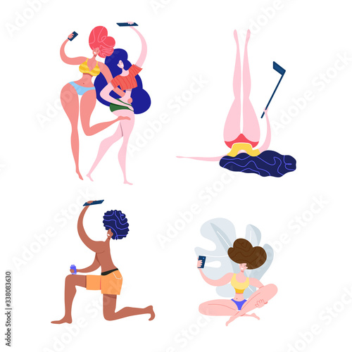 Friends taking selfie on smartphone using selfie stick or holding camera vector illustration. Diverse people beach party
