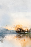 Digital watercolor painting of Stunning Autumn Fall sunrise landscape over Coniston Water with mist and wispy clouds