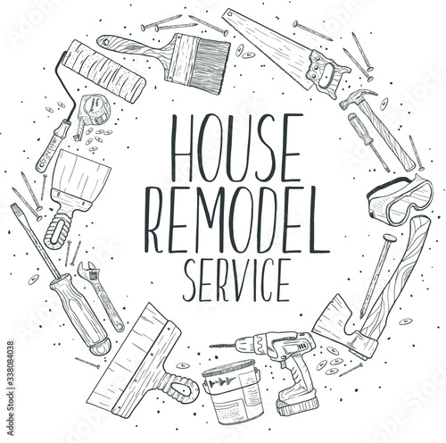 Vector sketch house remodel tools logo. Home repair service. 