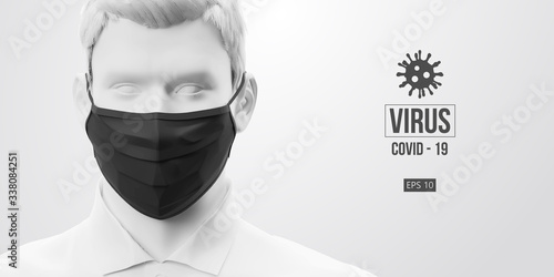 Novel coronavirus COVID-2019. Man in white color in black mask on a white background. Virus 2019-nCoV logo. Stay at home. Work from home. Medical mask and virus protection. Vector illustration