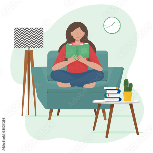 Woman sitting in the armchair and reading book. Education Hobby Concept. Home concept. Flat style vector illustration. © Ольга Гладій