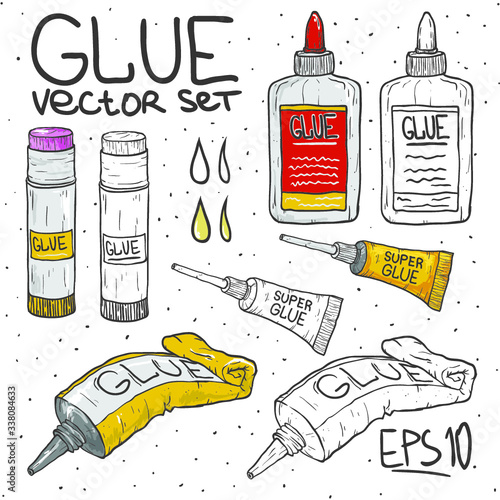 Cartoon doodle set tube of glue vector illustration. 