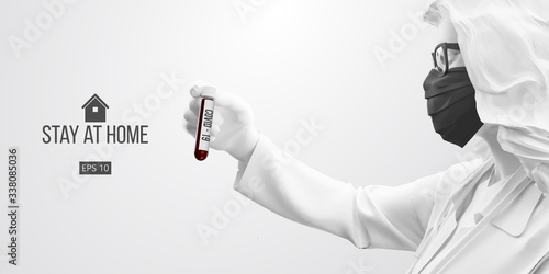 Novel coronavirus COVID-2019. Woman in white color in black mask on a white background. Virus 2019-nCoV logo. Stay at home. Work from home. Medical mask and virus protection. Vector illustration