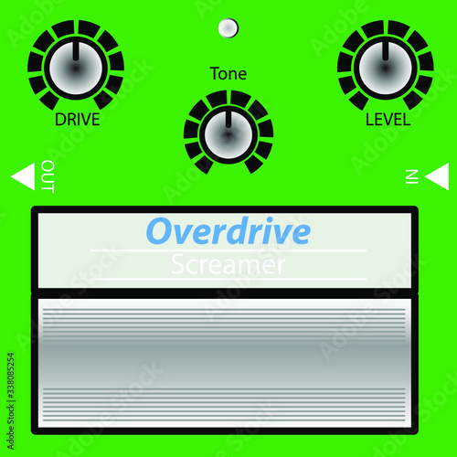 Green Vintage Guitar effect pettern, Overdrive, Effect label, graphic design with grunge effect, tee print stamp. t-shirt lettering artwork, Vector illustration , cartoon style , EPS 10