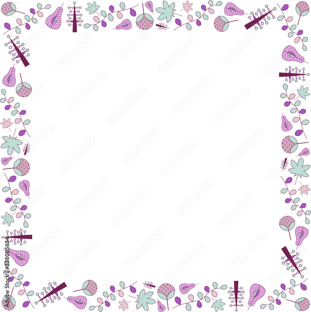 Square frame with pastel leaves on a transparent background for creating invitations, greeting cards. 
