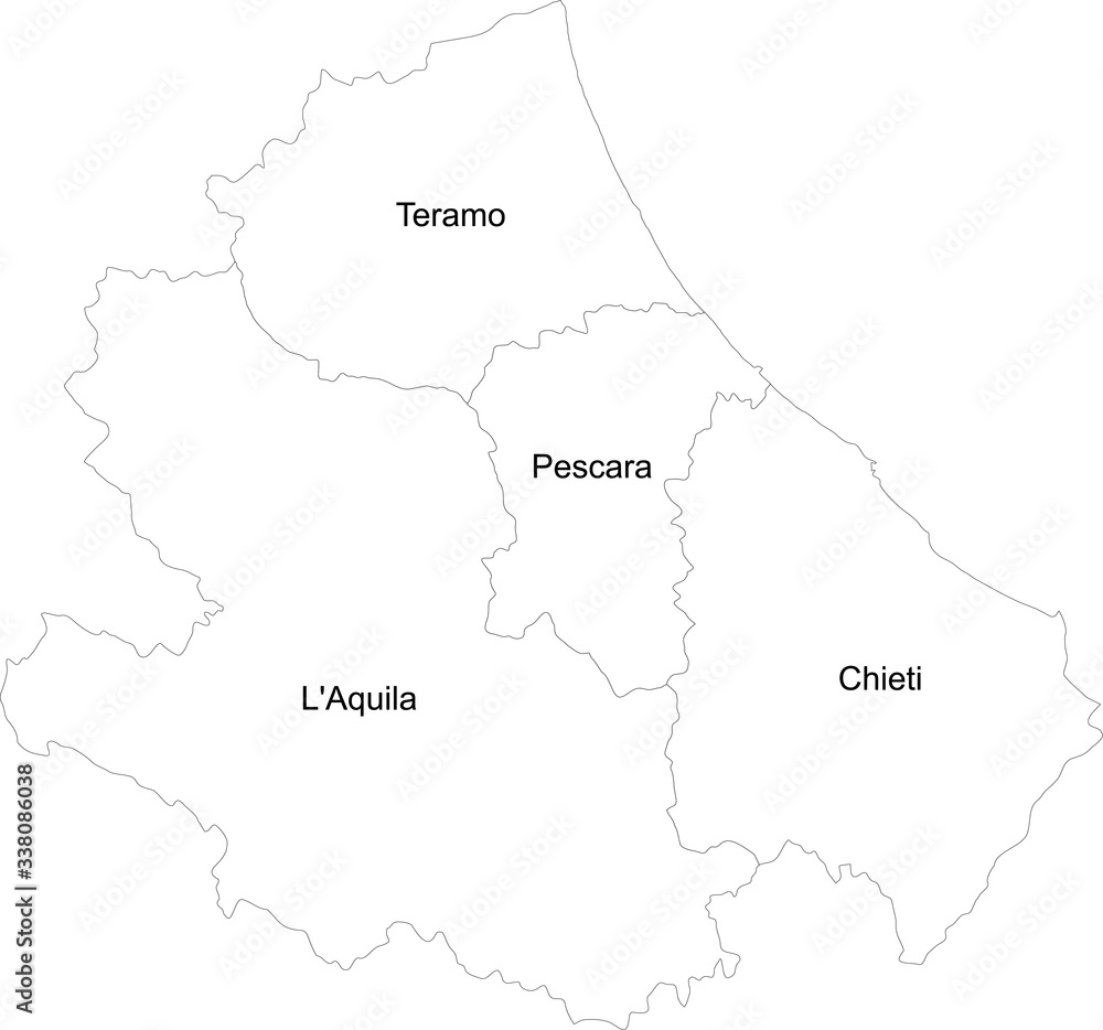 Abruzzo provinces map with name labels. Italy region. White background.