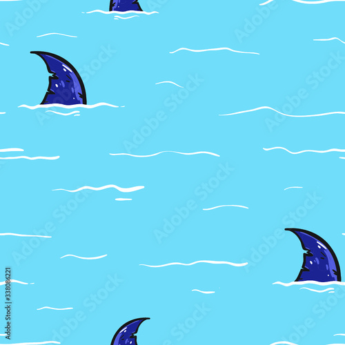 Seamless vector pattern of shark fins on a blue background, hand-drawn.