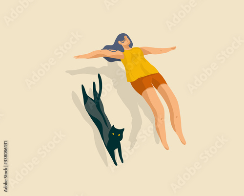 Hand drawn vector stock abstract graphic cartoon illustration with self isolation alone girl and black cat relaxing levitate isolated on color background