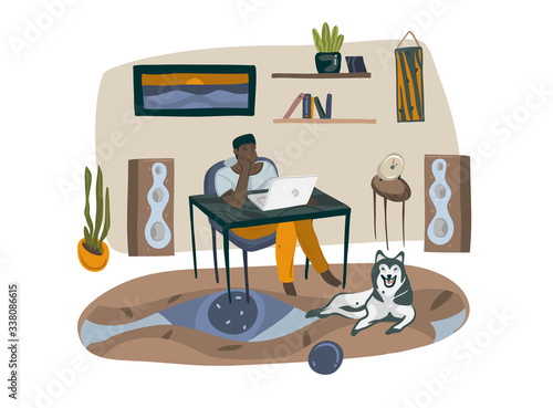 Hand drawn vector stock abstract graphic cartoon illustration with black man character,freelancer working at home with laptop computer and sitting at the desk isolated on white background