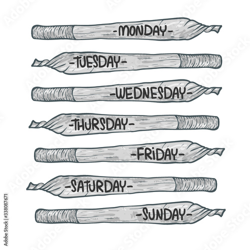 weekly calendar with marijuana joint. Vector illustration. T-shirt print.