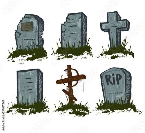 Set of Tombstones are made from stone and wood and looking very old, vector.