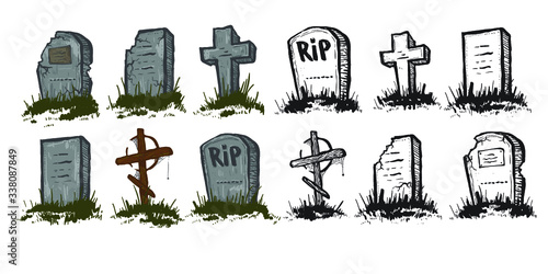 Set of Tombstones are made from stone and wood and looking very old, vector.
