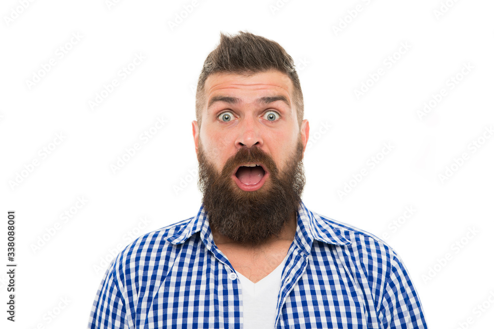 No way. Wondering concept. Handsome surprised man wonder. Surprised guy with bristle and hairstyle. Male beauty. Barber hairdresser salon. Bearded surprised man. Emotional expression. Astonished face No way. Wondering concept. Handsome surprised man wonder. Surprised guy with bristle and hairstyle. Male beauty. Barber hairdresser salon. Bearded surprised man. Emotional expression. Astonished face