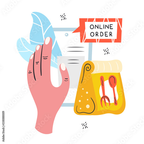 Online oder. Hand holding phone. Fast food delivery. Fast shop service. Coronavirus pandemic self isolation, protection. Flat colourful vector illustration, art isolated on white background.
