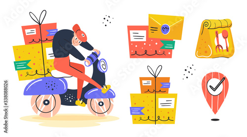 Man driving on delivery scooter.  Fast food delivery. Fast shop service.  Coronavirus pandemic self isolation, protection. Flat colourful vector illustration, art isolated on white background.