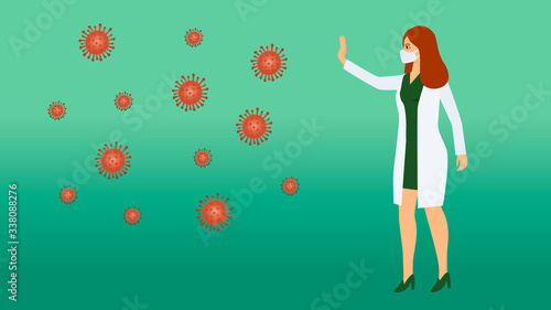 Female doctor fight coronavirus. Stop coronavirus. Covid-19 outbreak vector illustratin. Virus preventions, protection and healthcare concept. Doctor is hero