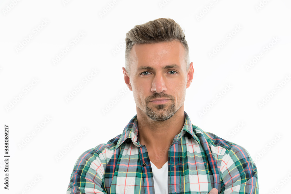 Perfect fringe. Styling fringe requires that you apply some pomade or wax and comb hair forward. Fringe hairstyles allow hair volume. Handsome mature man with stylish hairstyle. Barber salon Perfect fringe. Styling fringe requires that you apply some pomade or wax and comb hair forward. Fringe hairstyles allow hair volume. Handsome mature man with stylish hairstyle. Barber salon
