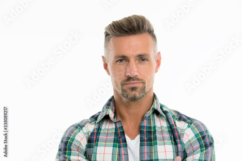 Perfect fringe. Styling fringe requires that you apply some pomade or wax and comb hair forward. Fringe hairstyles allow hair volume. Handsome mature man with stylish hairstyle. Barber salon