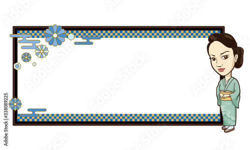 イラスト ：女将さんと和の装飾　青