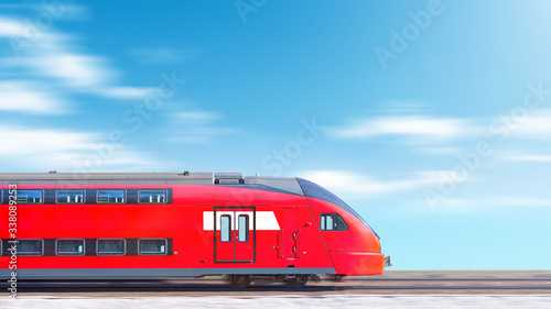 modern train in motion head car side view against blurred clouds sky background Commuter double decker train moving fast Wide panorama landscape banner for design © vaalaa