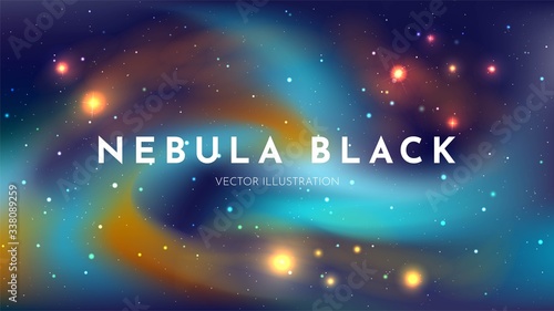Vector realistic illustration. Cosmic sky. Wallpaper. Color curved waves. Nebula in space. Template for website or game. Abstract banner. Milky Way. Minimalistic style. Copy space for text. 