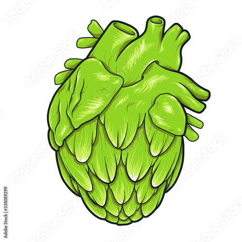 Green Heart Hop Cone. Hop cone logo. Beer Cone Illustration. Heart Hops poster.