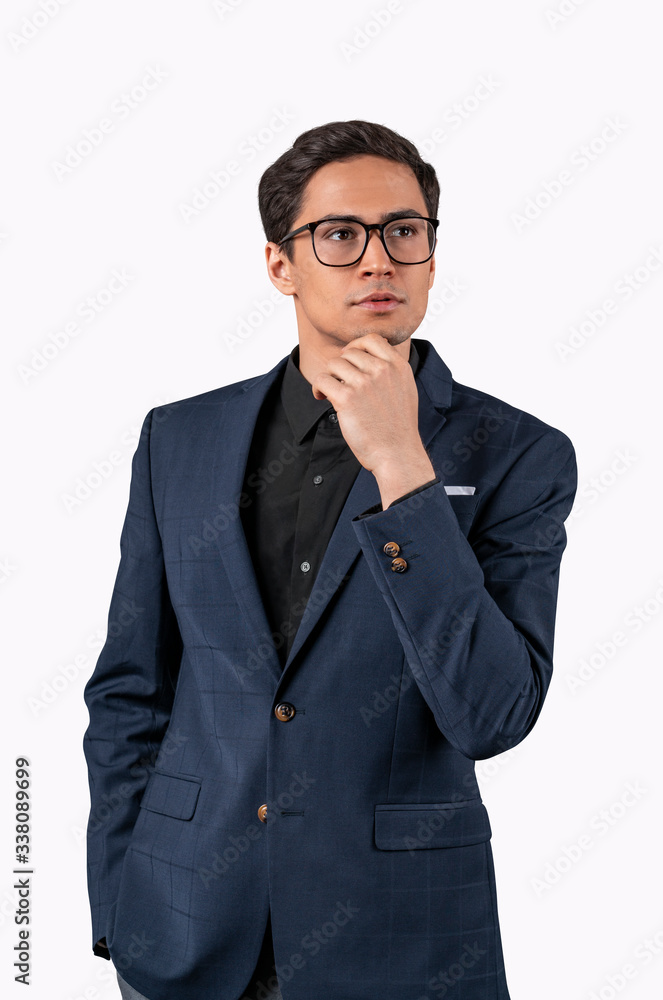 Portrait of a thoughtful mature man with glasses dreaming of success on a white background. Isolated. Formal wearing. Portrait of a thoughtful mature man with glasses dreaming of success on a white background. Isolated. Formal wearing.