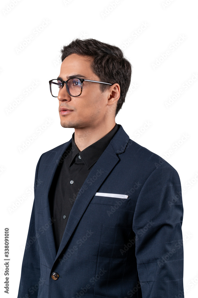 Businessman in glasses standing looking away to future perspectives isolated on white background. Businessman in glasses standing looking away to future perspectives isolated on white background.