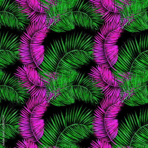 Pink, green palm leaves on a black background. Tropical watercolor seamless pattern.Design for wallpaper, paper, fabric, textile, packaging.