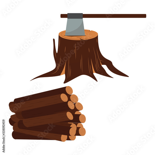 Ax with timber icon. Wood set vector