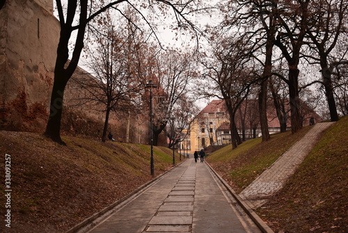 sidewalk outside of old fortified citadel in Fagaras Romania