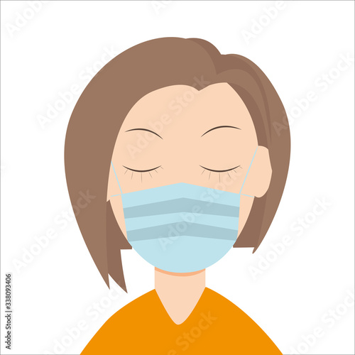 Brown haired girl with protective medical face mask preventing flu and virus.