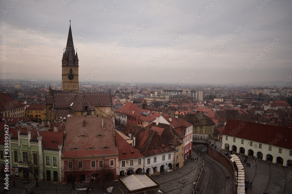 Aerial view winter cityscape of Sibiu Romania