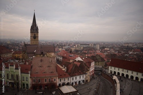 Aerial view winter cityscape of Sibiu Romania