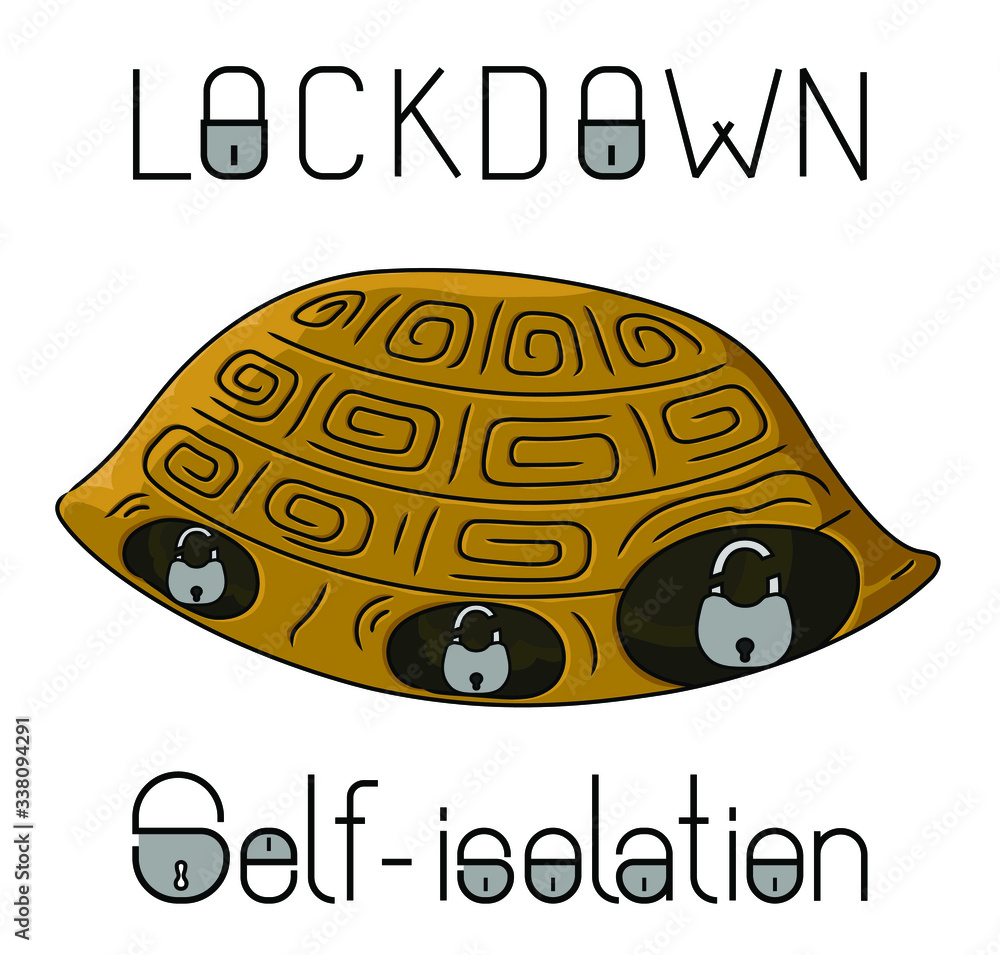 Fototapeta premium Lockdown allegorical caricature, scared turtle hiding in shell vector illustration