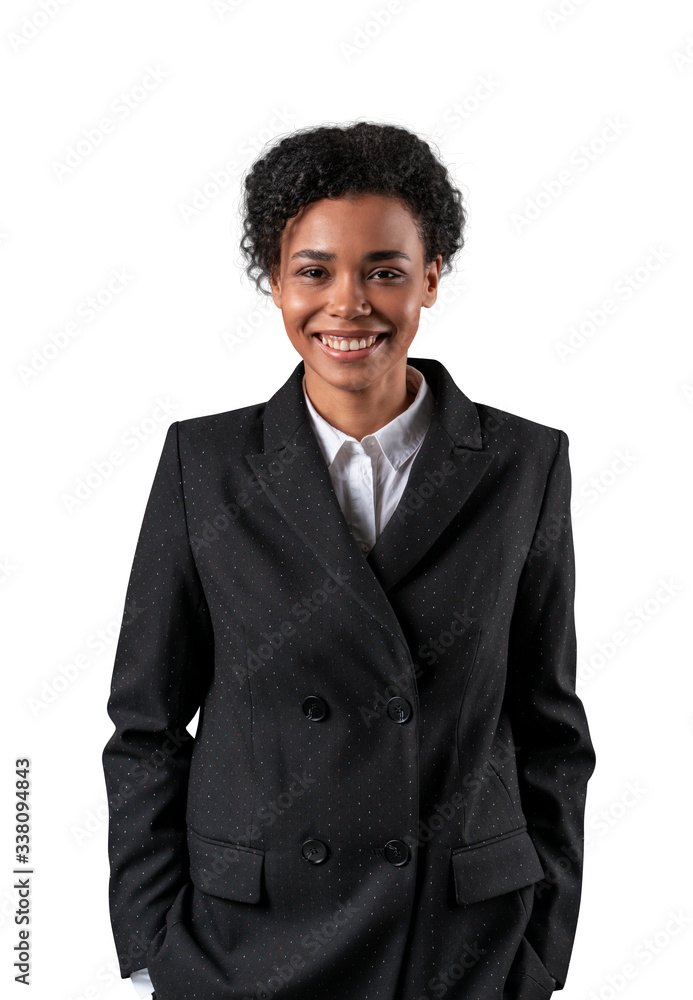 Businesswoman isolated on white background. Young smiling african business woman standing formal suit. Businesswoman isolated on white background. Young smiling african business woman standing formal suit.
